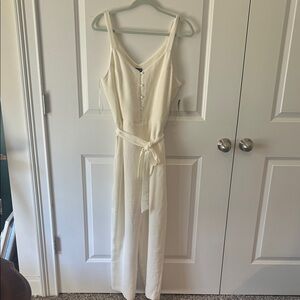 The Limited Cream Button-Front Jumpsuit with Tie Waist